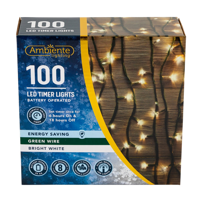 100 Green Wire Battery Operated Led Lights - Bright White 339138-BRIGHT WHITE