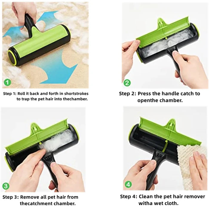 Pet hair roller four-step demo removing dog hair from carpet