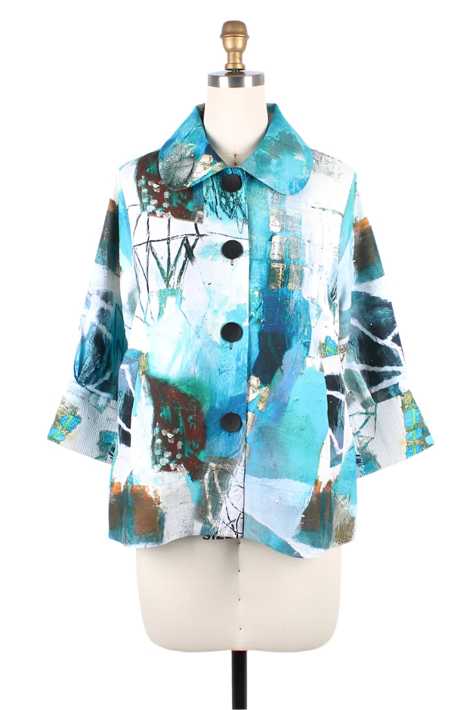 Absract-Print Button Front Jacket in Turq/Multi- 4877 - Size XS Only!