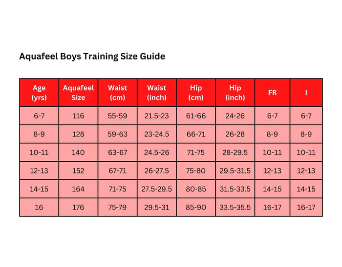 Aquafeel boys sporty swim jammer size guide chart for ages 6-17