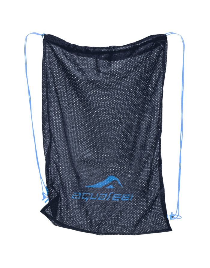 Black Aquafeel Deluxe mesh bag with quick-drying mesh fabric, blue accents, aquareel logo