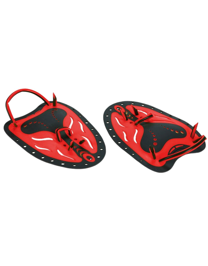 Aquafeel ergonomic hand paddles with red black swim fins and adjustable elastic straps