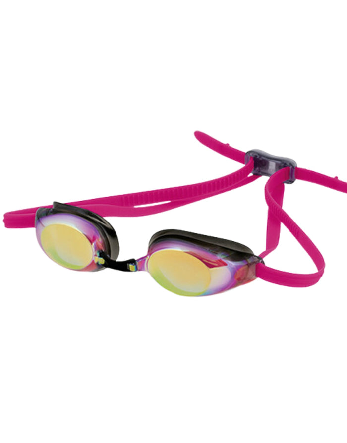 Sleek pink and black Aquafeel Glide Mirrored swim goggles with patented quick fit