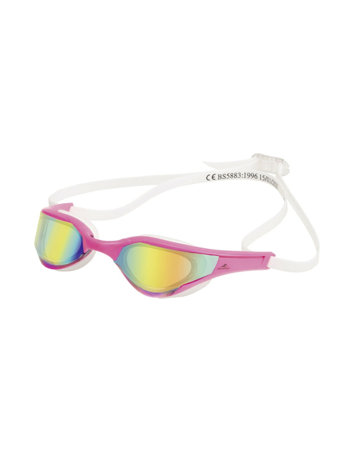 Pink Aquafeel Speedblue mirrored swim goggles with white accents