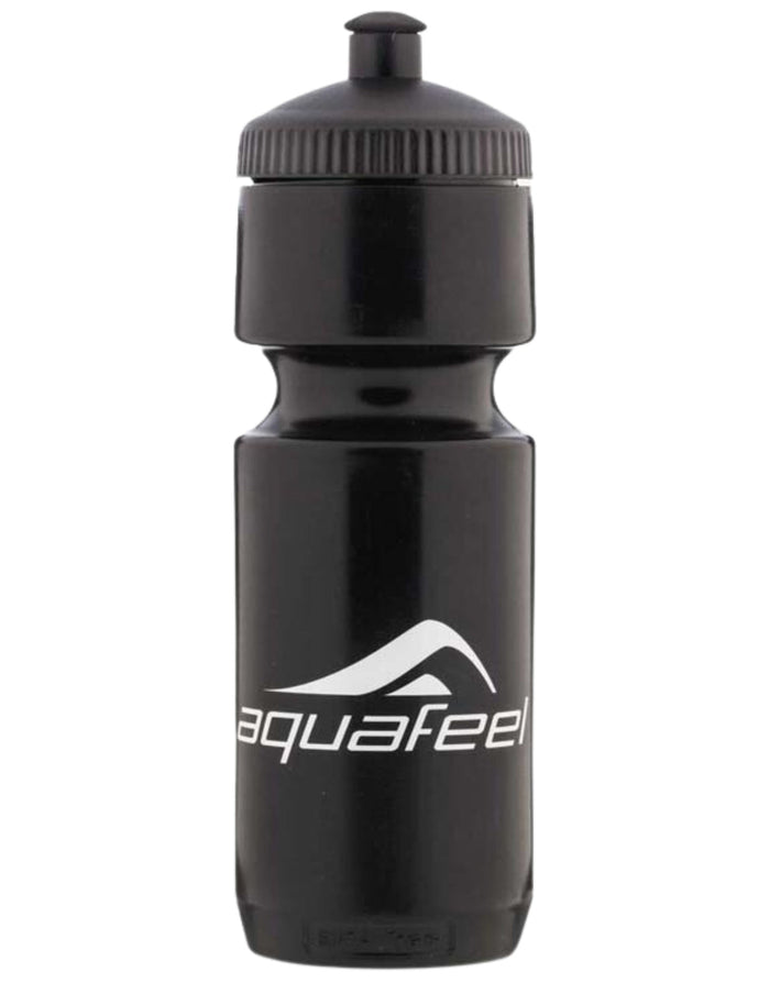 Black Aquafeel water bottle with white logo and screw-on cap
