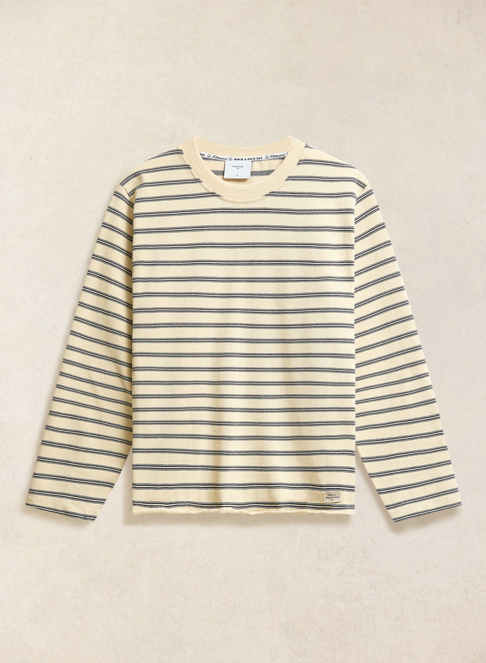 The Arlo raw hem long sleeve Breton T-shirt in white stripe from Percival, crafted from organic cotton.