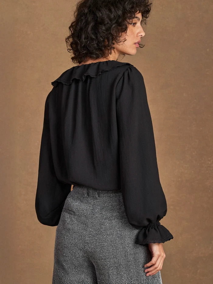 Black Ruffle-Front Blouse
