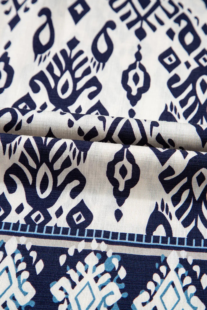 Blue Boho Pattern Print High Waist Wide Leg Loose Trousers - Bottoms/Pants & Culotte