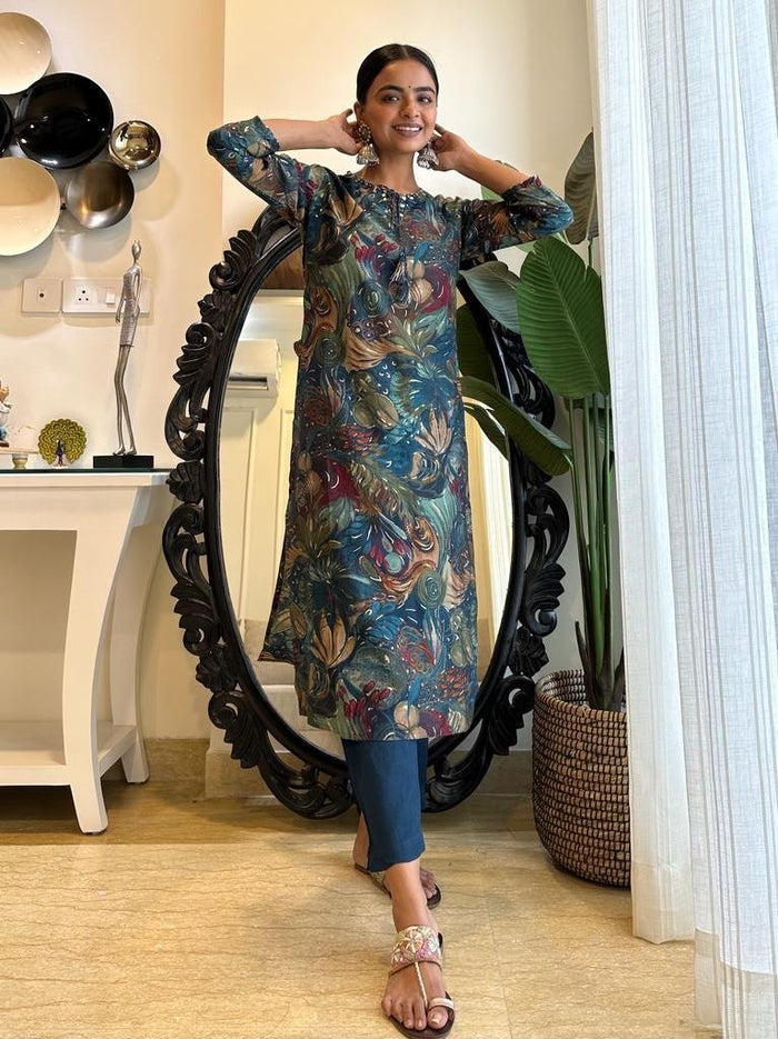 Blue Floral Muslin Straight Set
