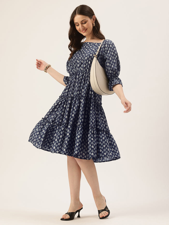 Blue Paisley Printed Bell Sleeves Tiered Dress, midi dress, dress, women’s western wear, party wear dress, casual wear dress