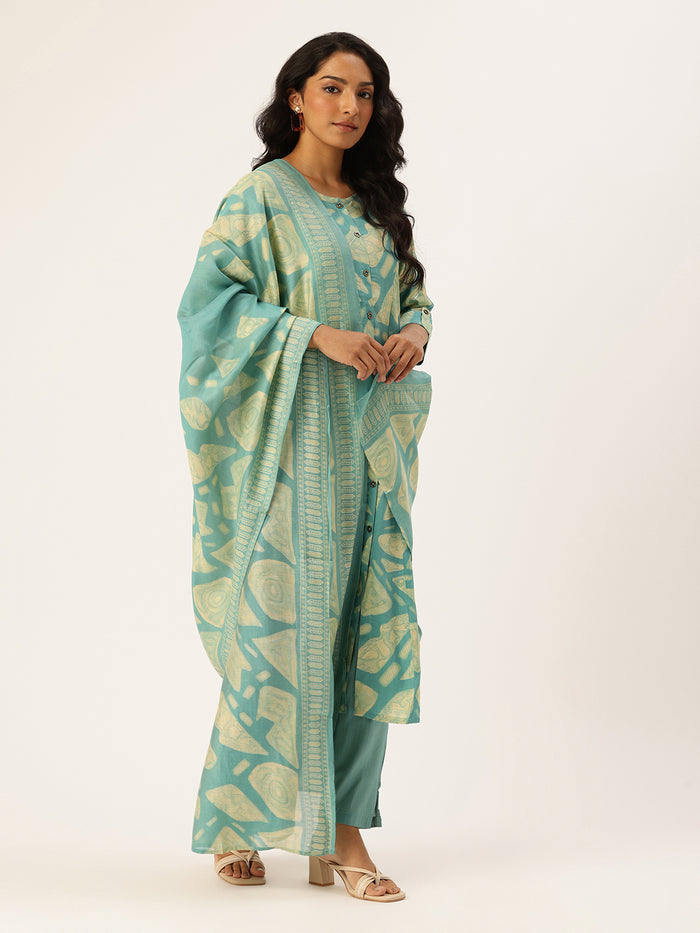 Blue Printed Regular Kurta with Trouser & Dupatta, kurta set, Kurta with Trouser & Dupatta, printed kurta set