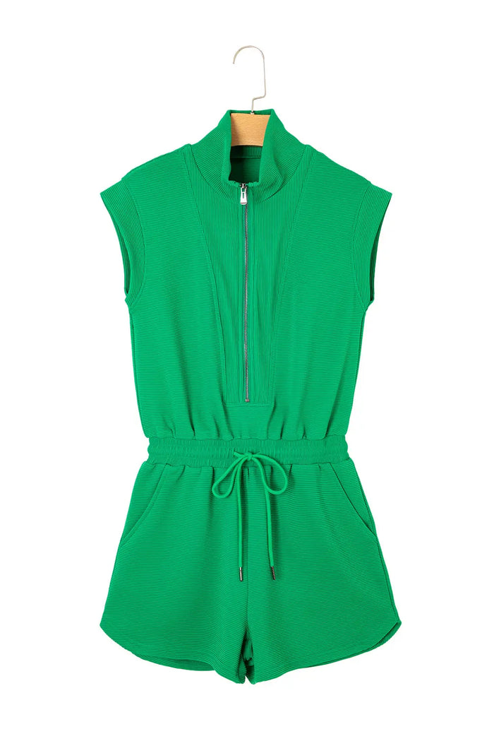 Bright Green Textured Short Sleeve Half Zip Drawstring Waist Romper - Bottoms/Jumpsuits & Rompers