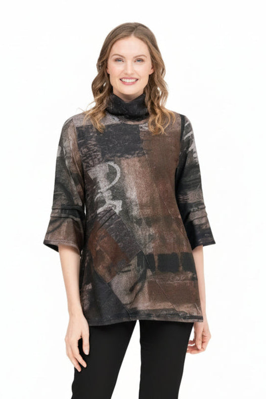 Brushstroke Print Soft Knit Tunic in Espresso Multi - 9219