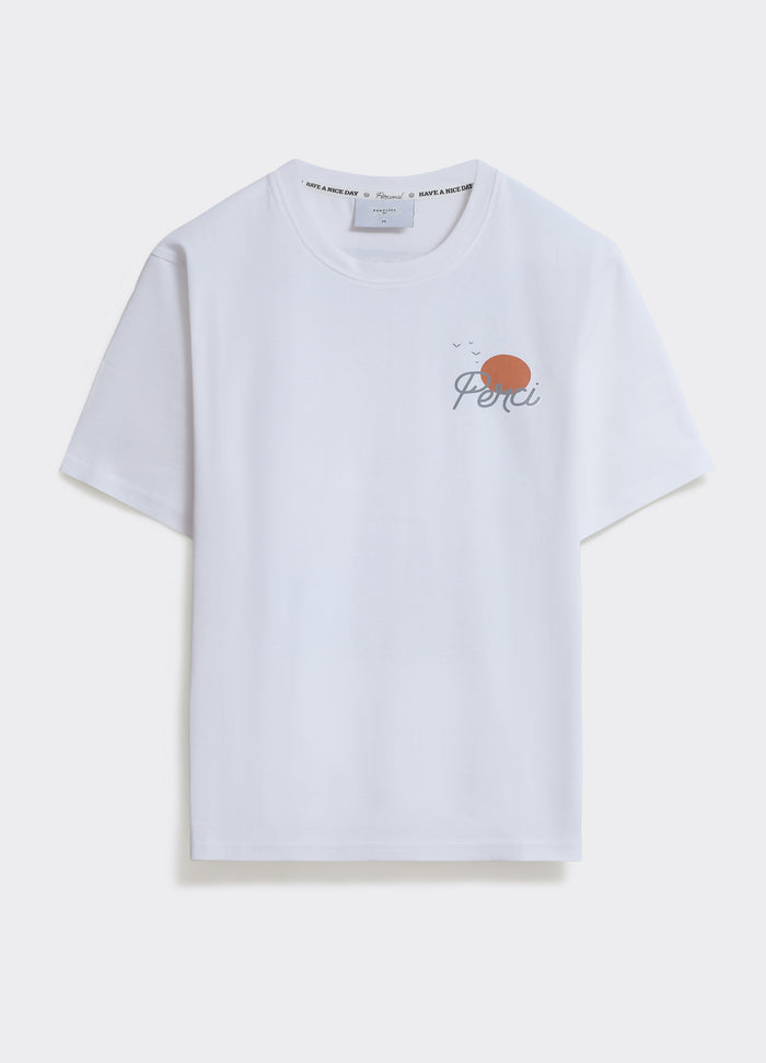 Percival Camping T Shirt in optic white soft jersey with a vintage sunrise chest print, shown against a plain background.