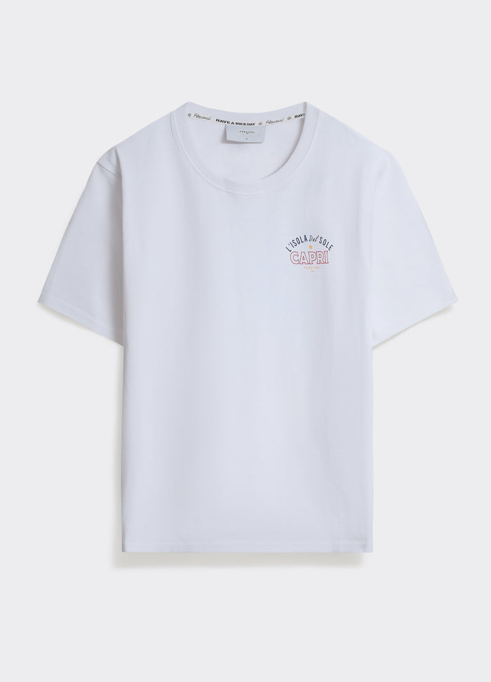 The Percival Capri T Shirt in optic white, featuring a small chest graphic and 100% cotton fabric, shown flat.