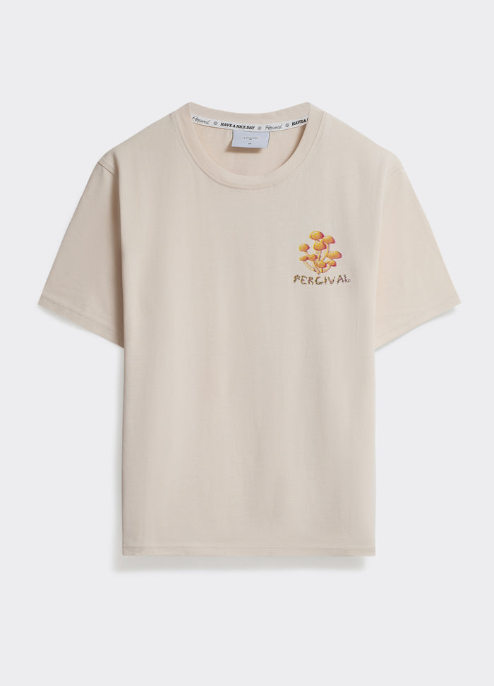 Cream Percival Champignons T-shirt with a small mushroom graphic on the chest, shown flat against a plain background.