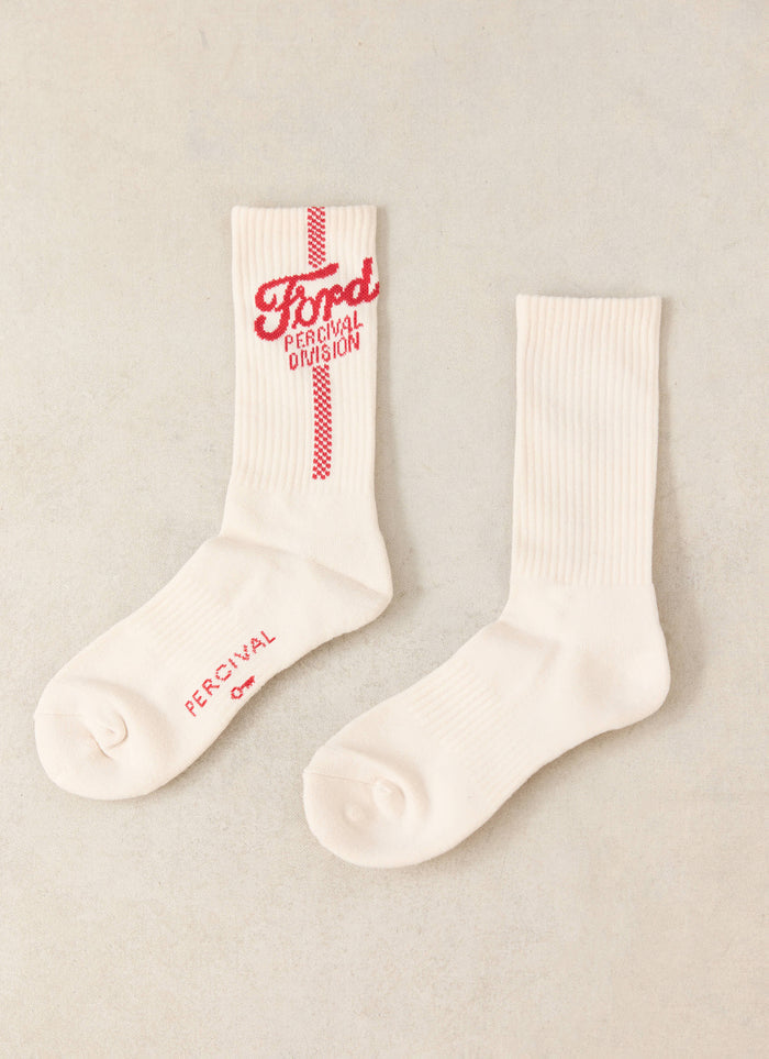 Ford x Percival cream jacquard socks featuring a red logo and checkerboard stripe, crafted from a soft cotton blend.