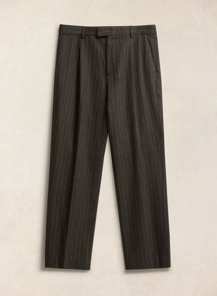 The Percival Clifton pinstripe pleated tailored trousers in espresso wool blend, featuring front pleats.