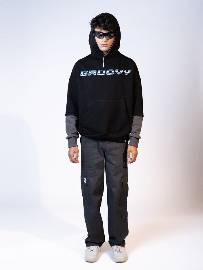 Black Colorblock Hoodie Female Model Front View – GROOVY Pakistan