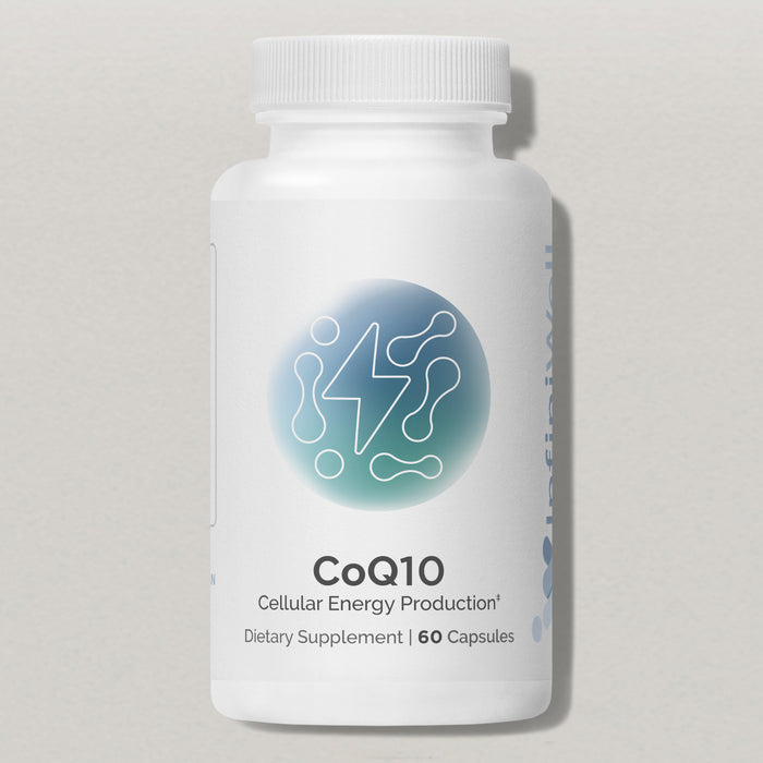 InfiniWell CoQ10 Cellular Energy Production supplement bottle with 60 capsules on a white background.