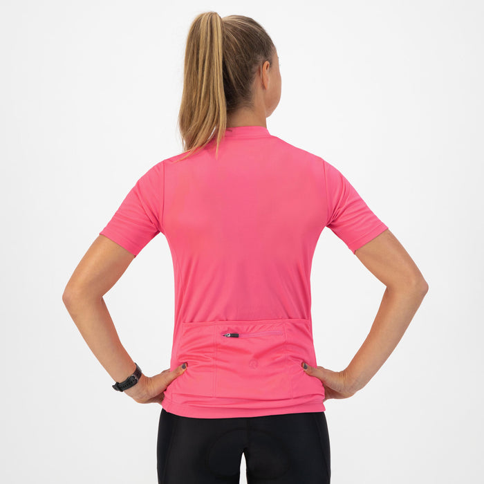 Rogelli Core fietsshirt dames roze korte mouw gedragen achterkant.
