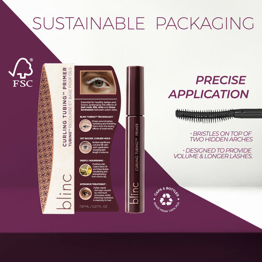 Curling TUBING™ Primer | Blinc with sustainable packaging, featuring a precision brush applicator designed for volume and longer lashes, shown with product box and tube.