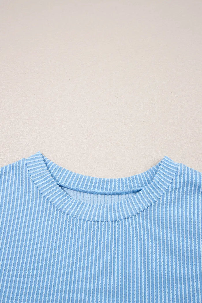 Dark Blue Ribbed Knit Colour Block Pocketed Crew Neck T Shirt - Tops/Tops & Tees