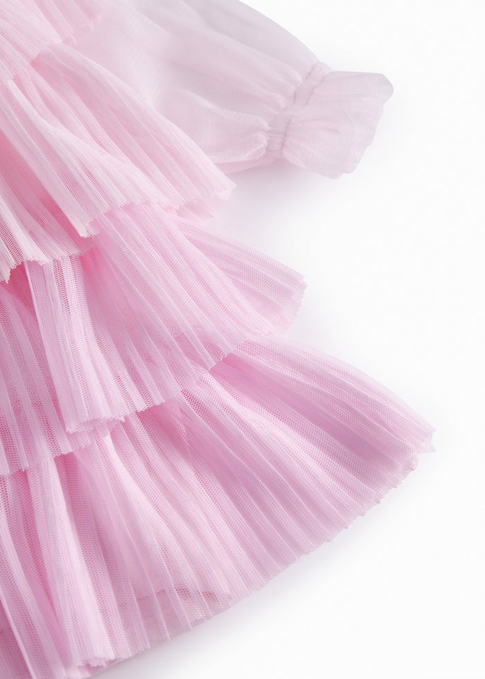 Red long-sleeved baby dress in pleated tulle with multiple layers.