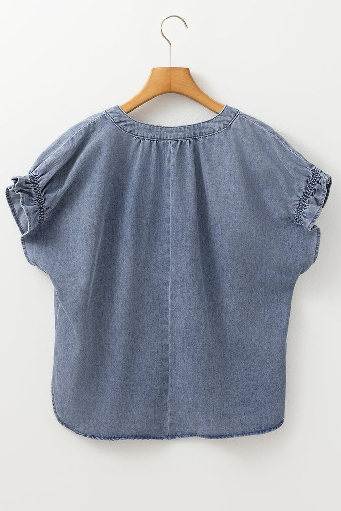 Dusk Blue V Neck Ruffled Short Puff Sleeve Denim Top - Tops/Tops & Tees