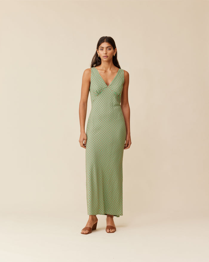 ESME GINGHAM SLIP DRESS GREEN AND BROWN GINGHAM