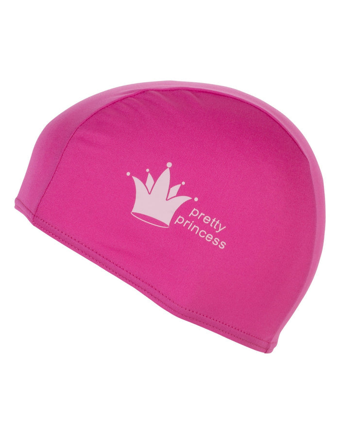Pink Fashy princess swim cap in printed polyester fabric with crown design