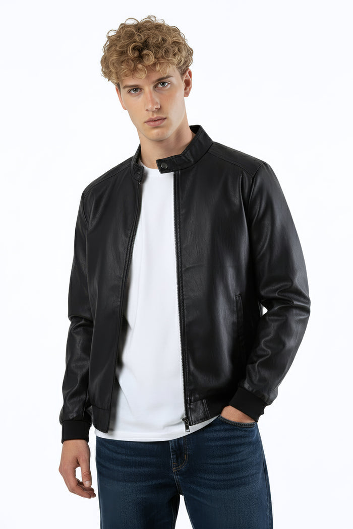 Faux Leather Jacket with Stand Collar