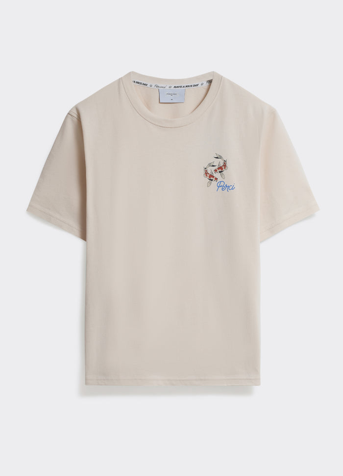 The Percival Fishing T-shirt in off white cotton jersey, featuring a small koi fish chest graphic, shown flat.