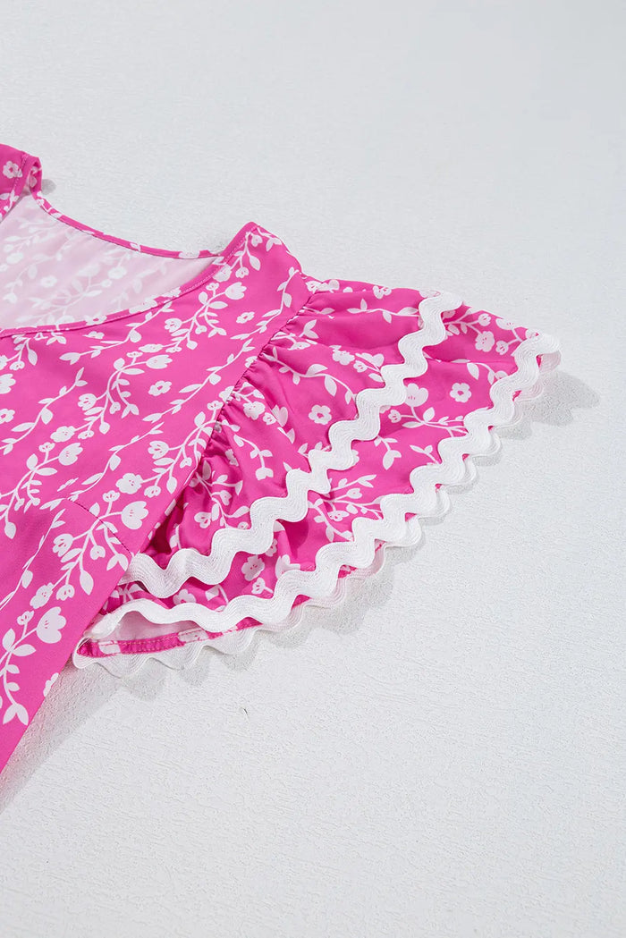 Pink Floral Print Ric-rac Tiered Ruffled V Neck Blouse - Tops/Blouses & Shirts