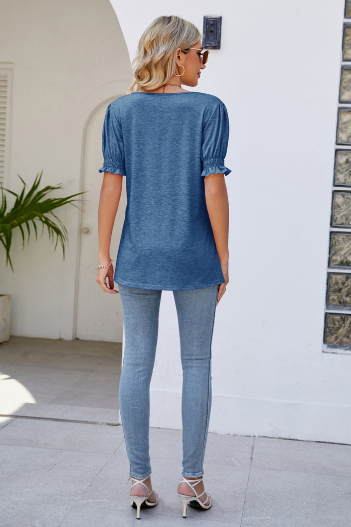 Flounce Smocked Sleeve V-Neck Tee Blue