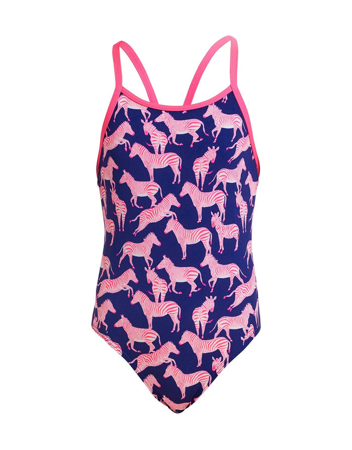 Funkita girls sweet stripes diamond back swimsuit in navy blue with pink zebra print