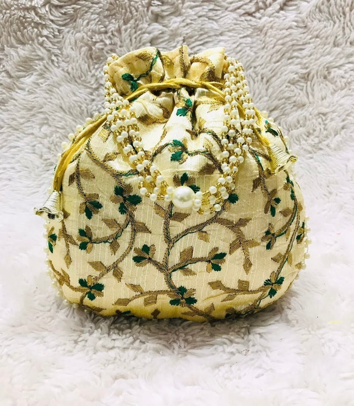 Gold with Green Embroidery Potli Bag