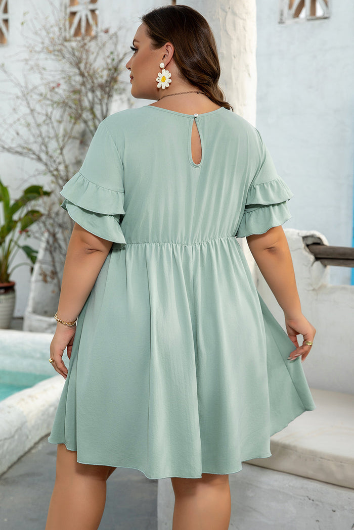 Grass Green Ruffle Trim Short Sleeve Plus Size Flared Mini Dress - Size/Plus Dresses/Plus Dresses
