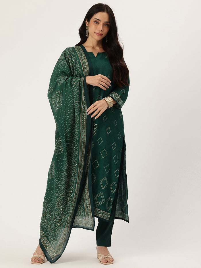 Green Bhandhani Printed Regular Kurta with Trouser & Dupatta, kurta set, Kurta with Trouser & Dupatta, Bhandhani printed kurta set