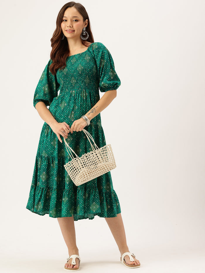 Green Printed Cuffed Sleeves Dress, midi dress, dress, women’s western wear, party wear dress, casual wear dress