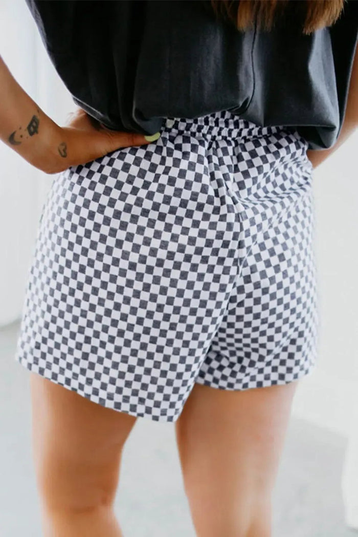 Grey Checkerboard Lace-Up High Waist Plus Size Casual Shorts - Size/Plus Bottoms