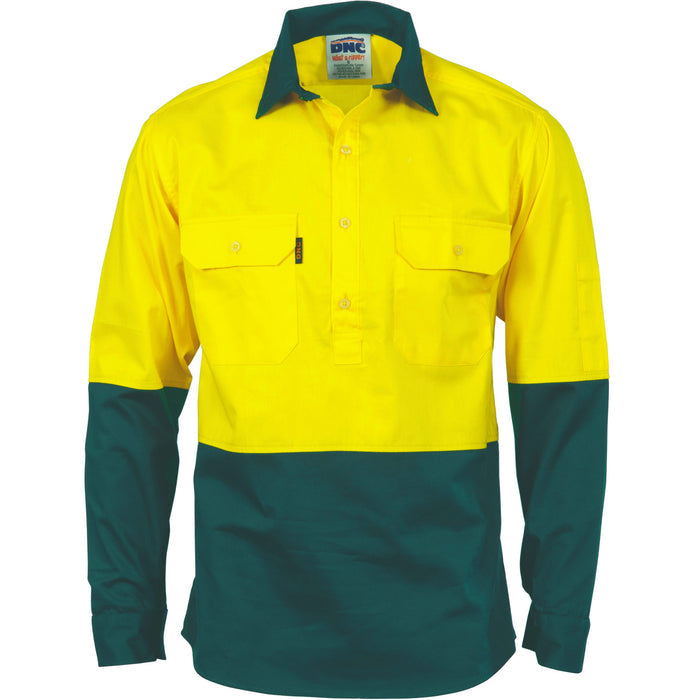 Hi Vis Two Tone Close Front Cotton Drill Shirt Long Sleeve Gusset Sleeve 3834