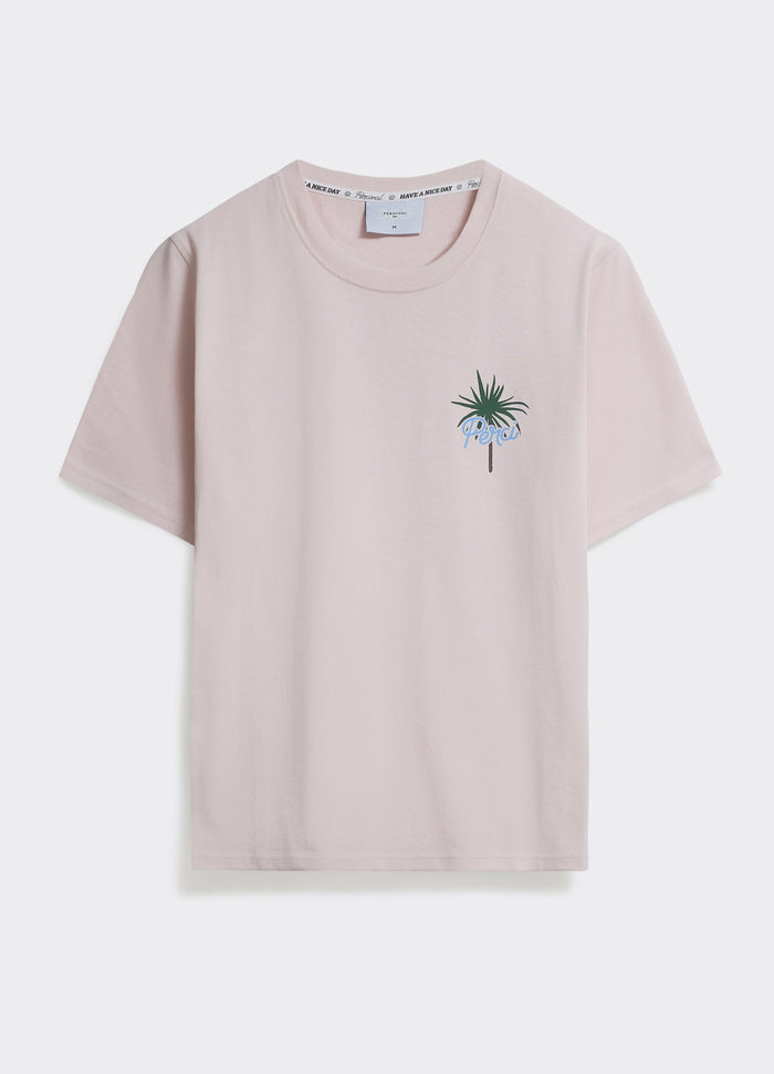 The pink Percival Hocko T Shirt in cotton jersey, featuring a palm tree chest graphic on a white background.