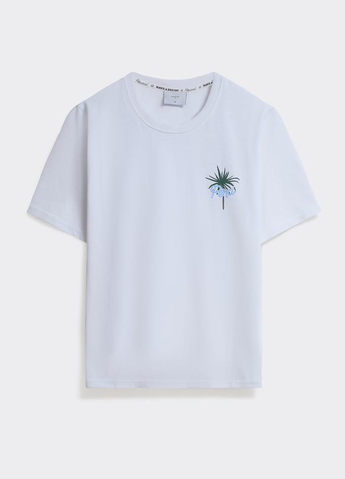 The optic white Percival Hocko T Shirt in cotton jersey, featuring a palm tree chest graphic, shown on a plain background.
