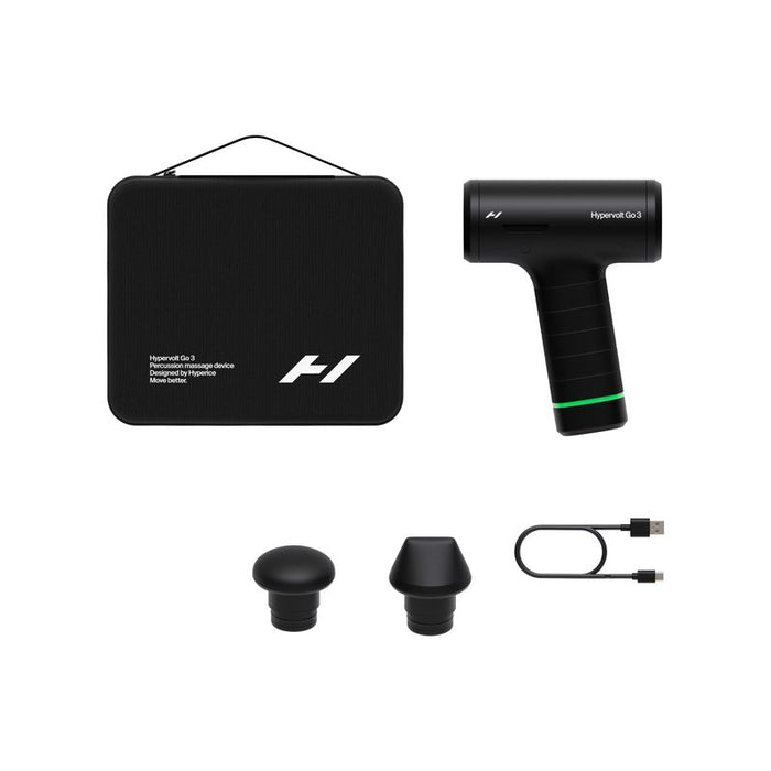 Hypervolt Go 3 | Hyperice percussion massage device with two interchangeable heads, USB charging cable, and carrying case for portable muscle recovery and wellness care.