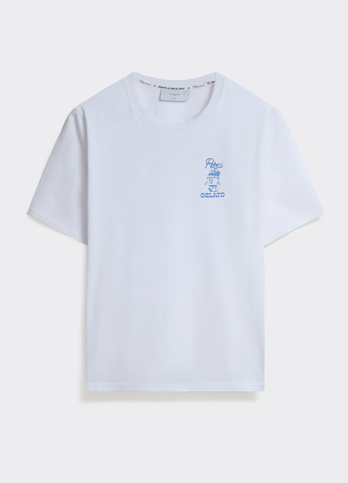 White Percival Ice Cream T-Shirt featuring a blue gelato chest graphic on premium midweight jersey, shown flat.