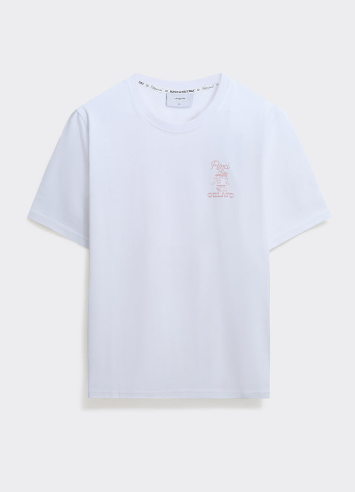 The Percival Ice Cream T Shirt in white, featuring a pink Perci Gelato motif on the chest, shown flat on a plain background.