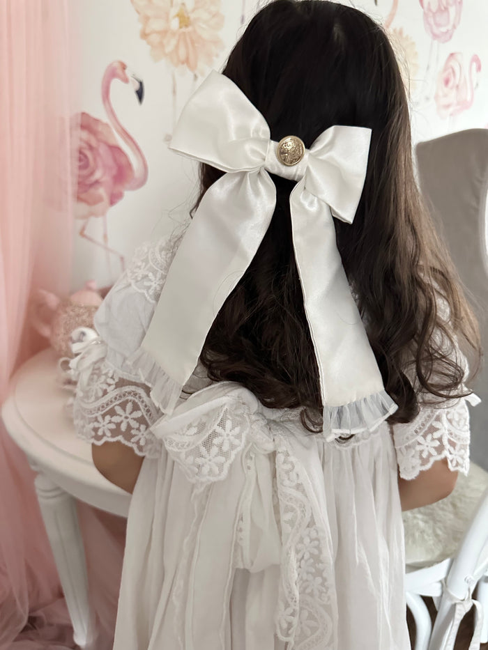 White Satin Tuxedo Hair Bow - Petite Maison Kids