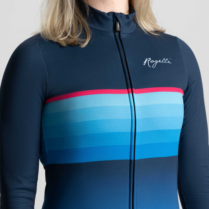 Detail van Rogelli Impress II fietsshirt dames blauw lange mouw voorkant.