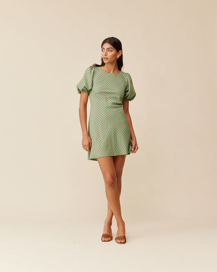 KENDALL GINGHAM MINI DRESS GREEN AND BROWN GINGHAM